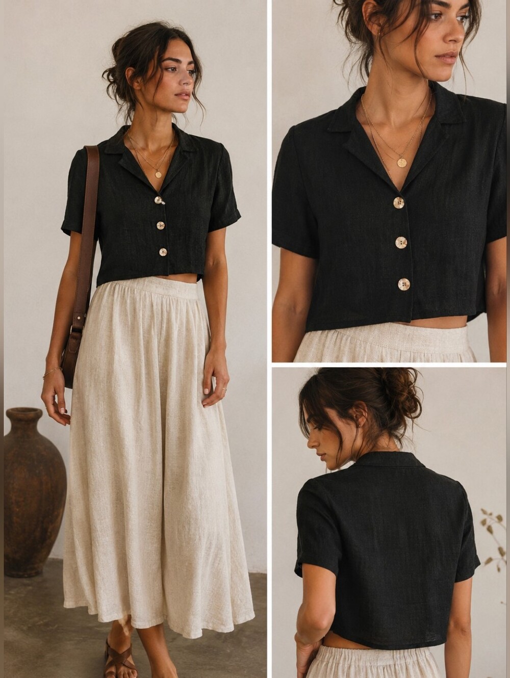 Vintage Yun Ker Linen Button Up Crop Top Size 6 Black Canadian Designer - Picture 1 of 5